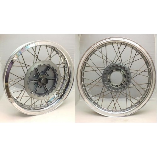 CERCHI-Raggi-Mozzi-PERNI RUOTA-Coppia Ruote a Raggi Anteriore e Posteriore Completi di Flange-Cuscinetti-Bulloni Fissaggio Di...