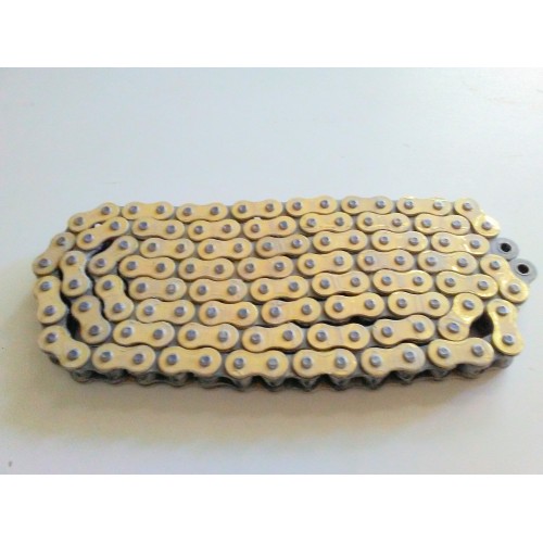 FORCELLONE-GIUNTO-COP.CONICA-Corona-Pignoni e Catene-Catena 110-115 Maglie ORO - Nero per Moto Guzzi Vecchio Falcone 500 SV, ...
